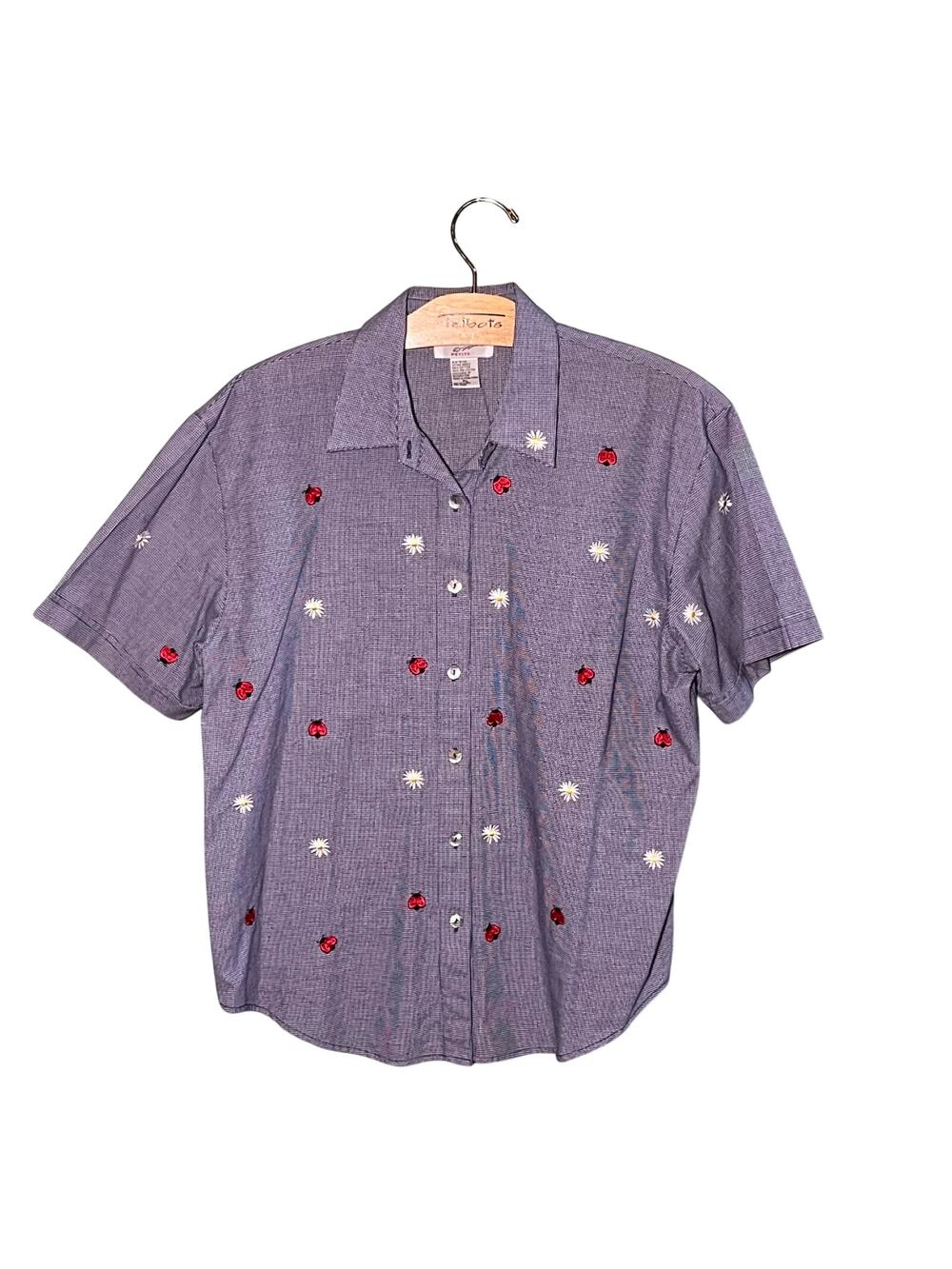 Vintage Embroidered Ladybug Daisy Shirt Purple Gingham Short Sleeve